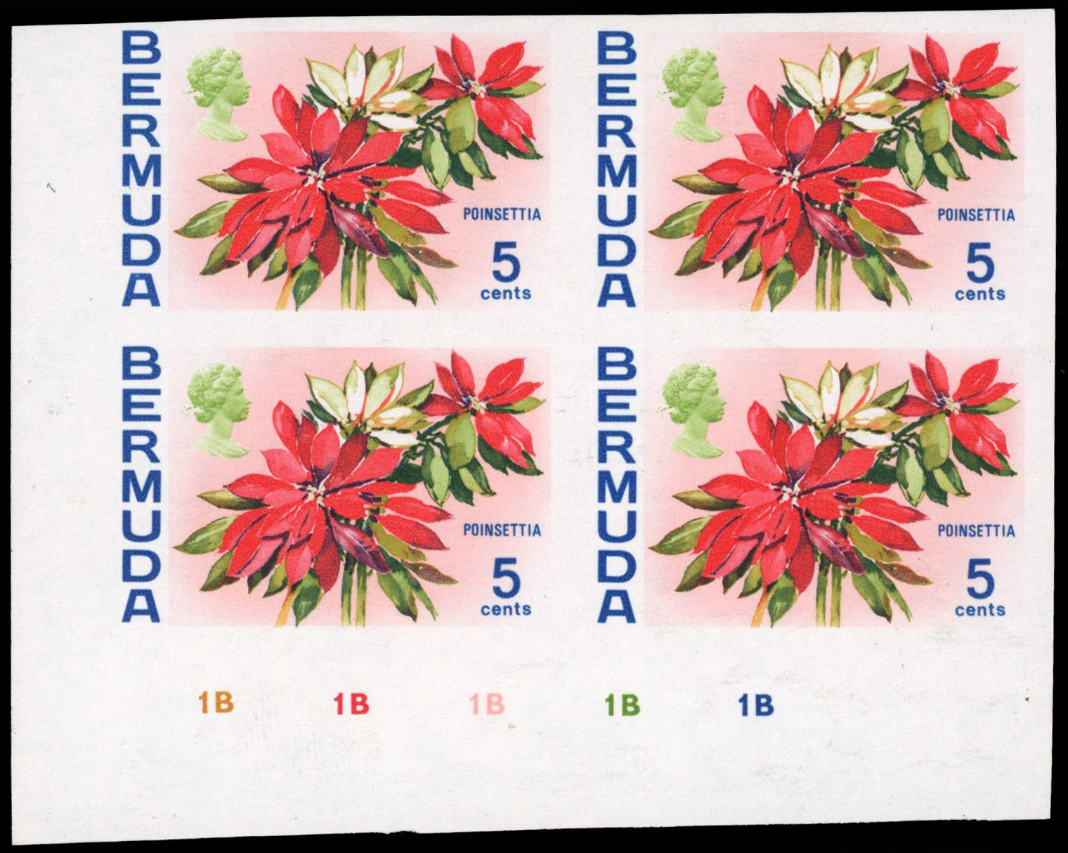 Bermuda SG 253 1970 5c Poinsettia imperforate Plate block mint
