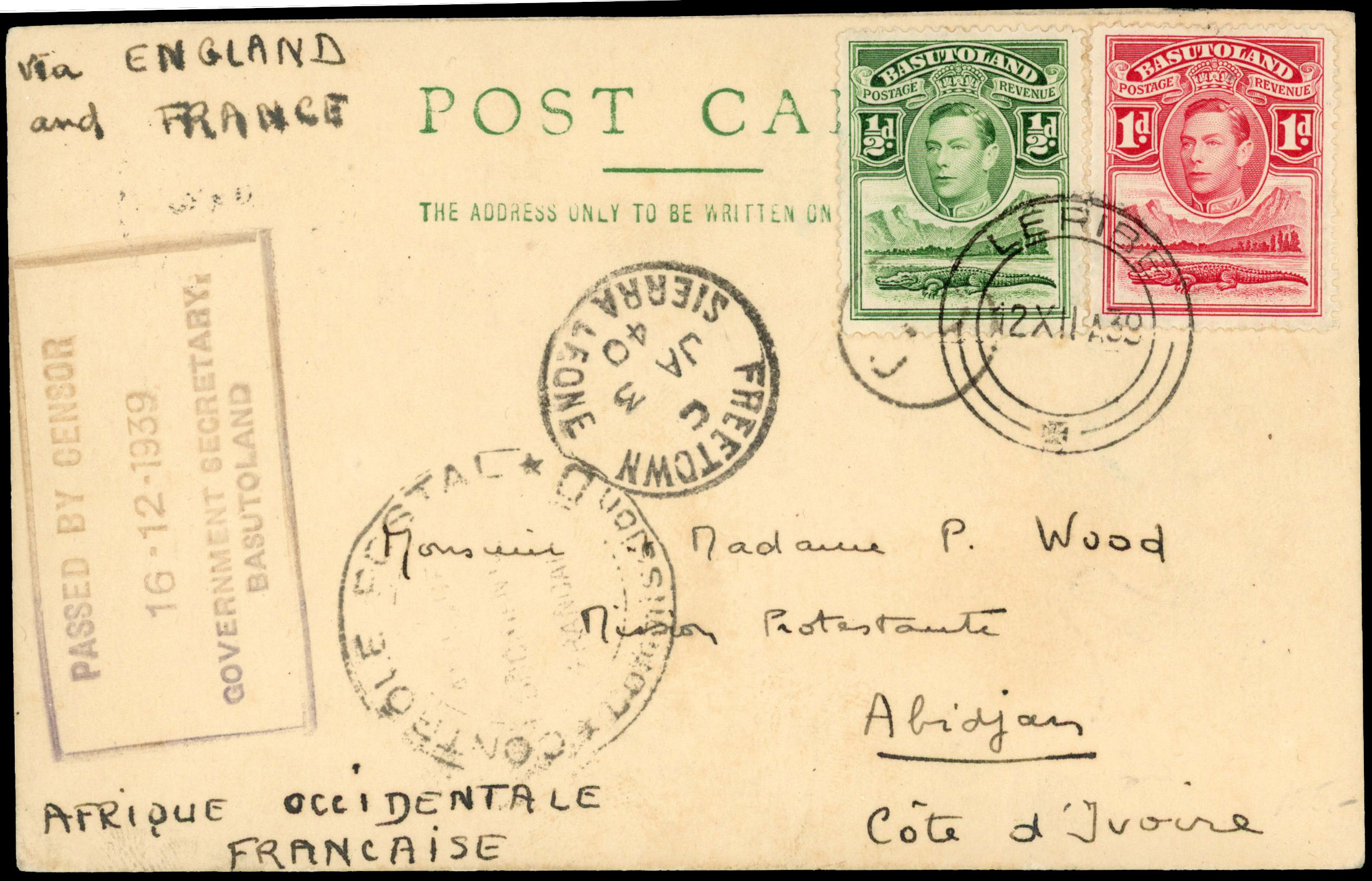 Basutoland 1939 Censored postcard