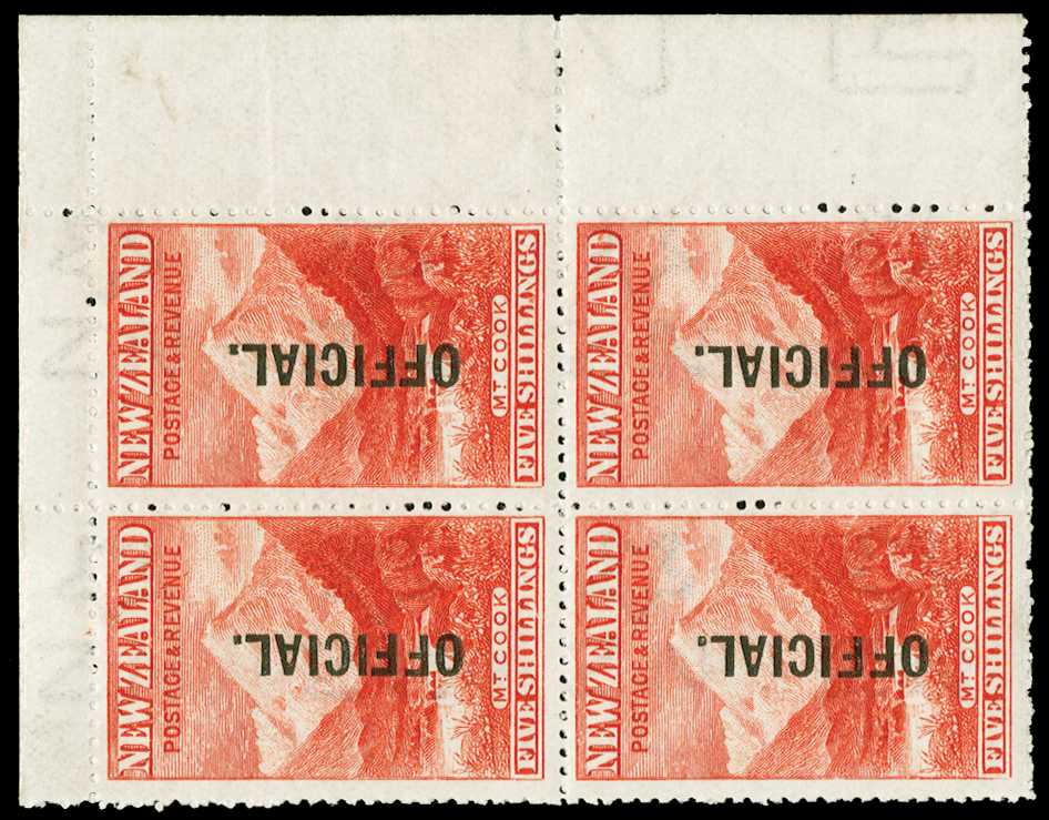 Official. 1907-11 5s deep red 'Mount Cook', wmk sideways, upper right corner block of 4, brilliant o.g. (lightly hinged on...