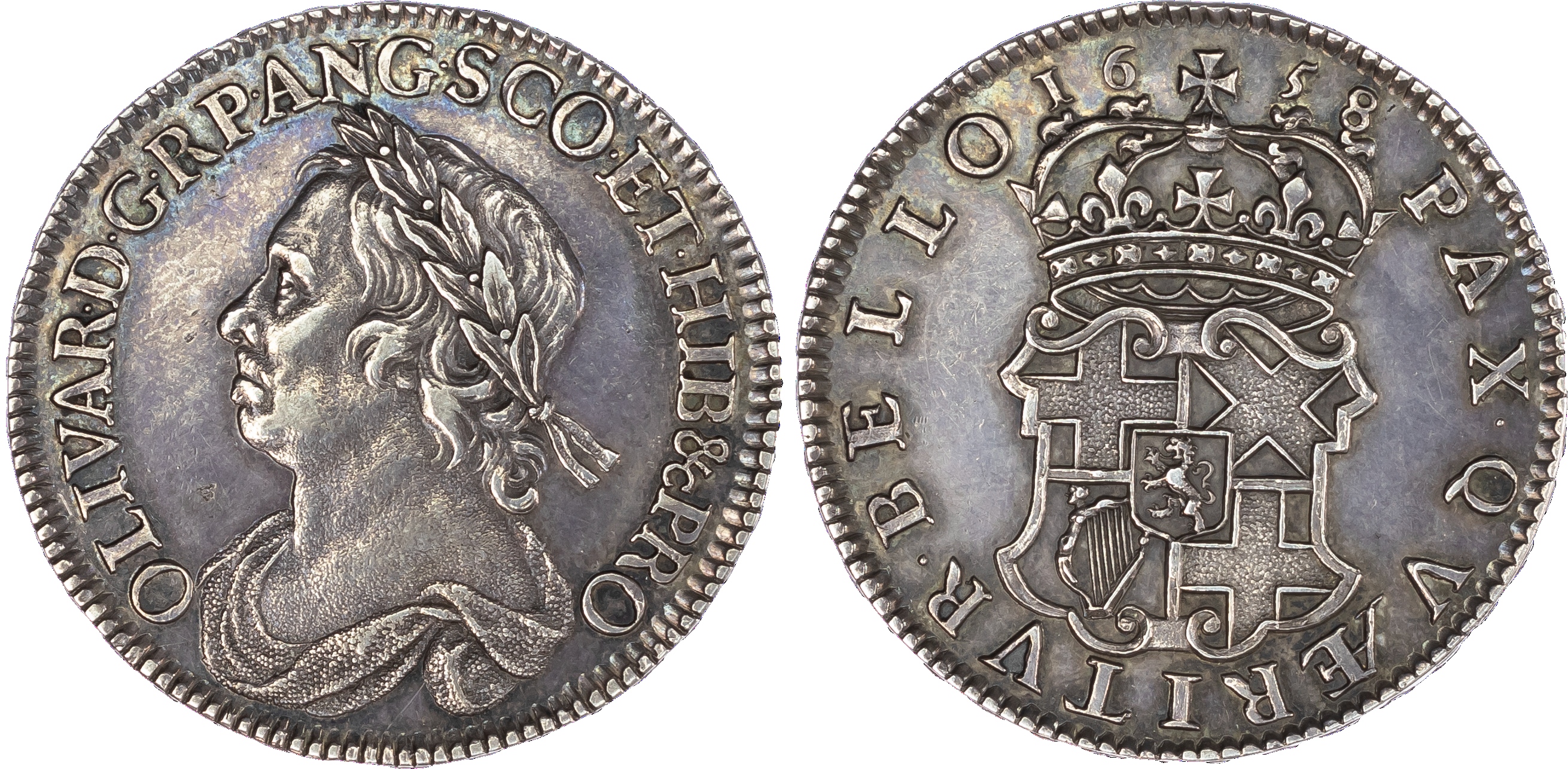 Oliver Cromwell (1656-58), Halfcrown, 1658, laureate and draped bust left, toothed outer border both sides, legend