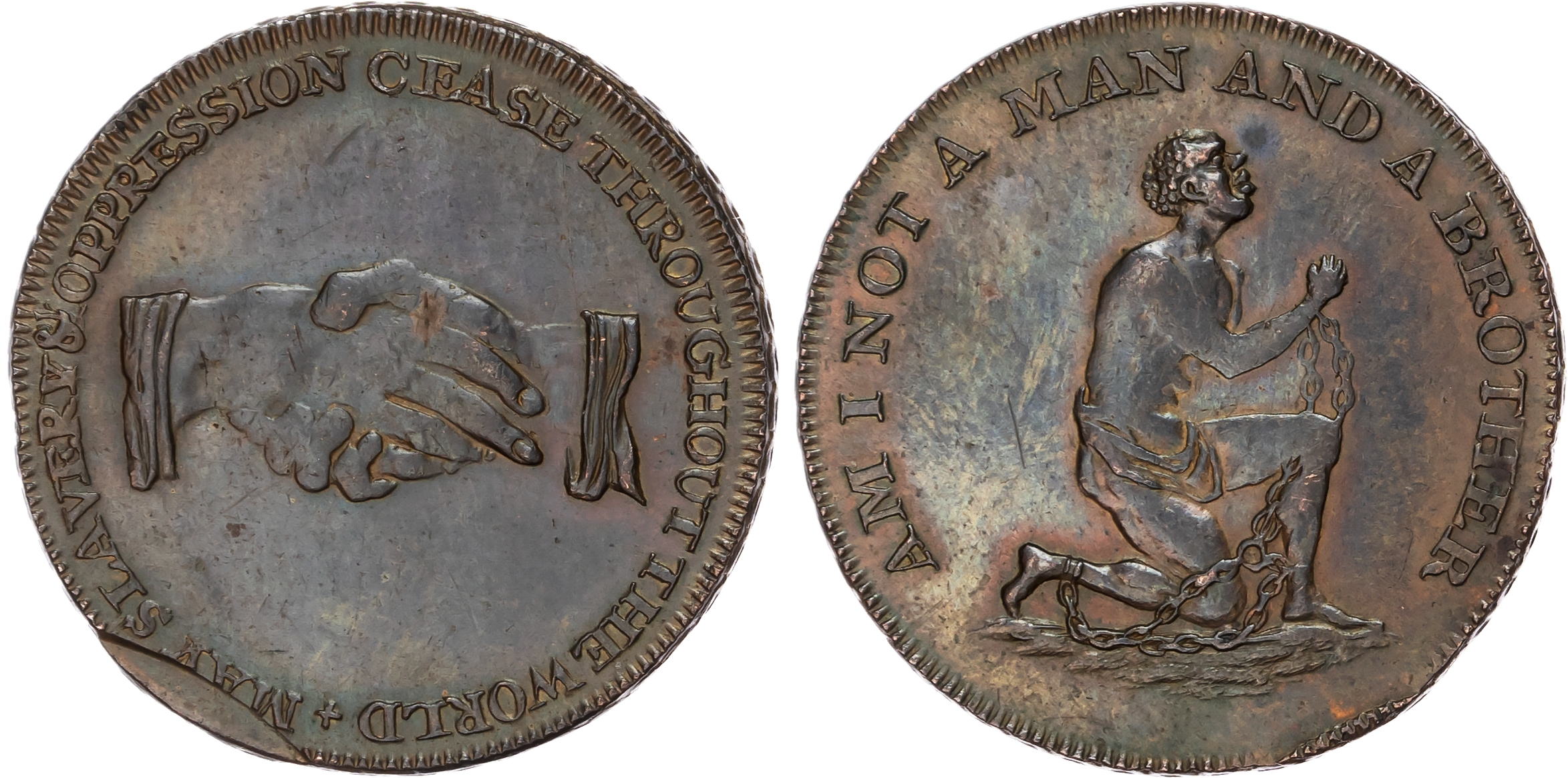 London , Political Series , William Lutwyche for an Anti-Slavery Society Halfpenny undated, Shackled African s…