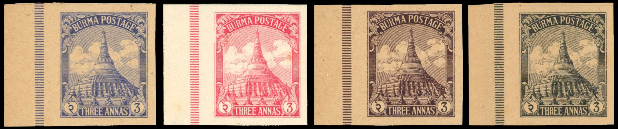Burma Japanese Occupation 1942 (mid) 3a "Pagoda" essays set of four. 