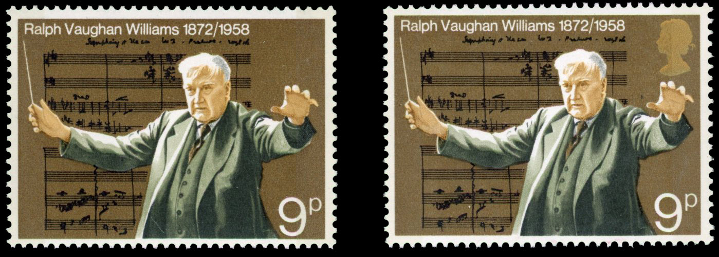 1972 9p Ralph Vaughan Williams, gold (Queen's head) omitted, offered with normal for comparison, fine unmounted o.g. SG 903a