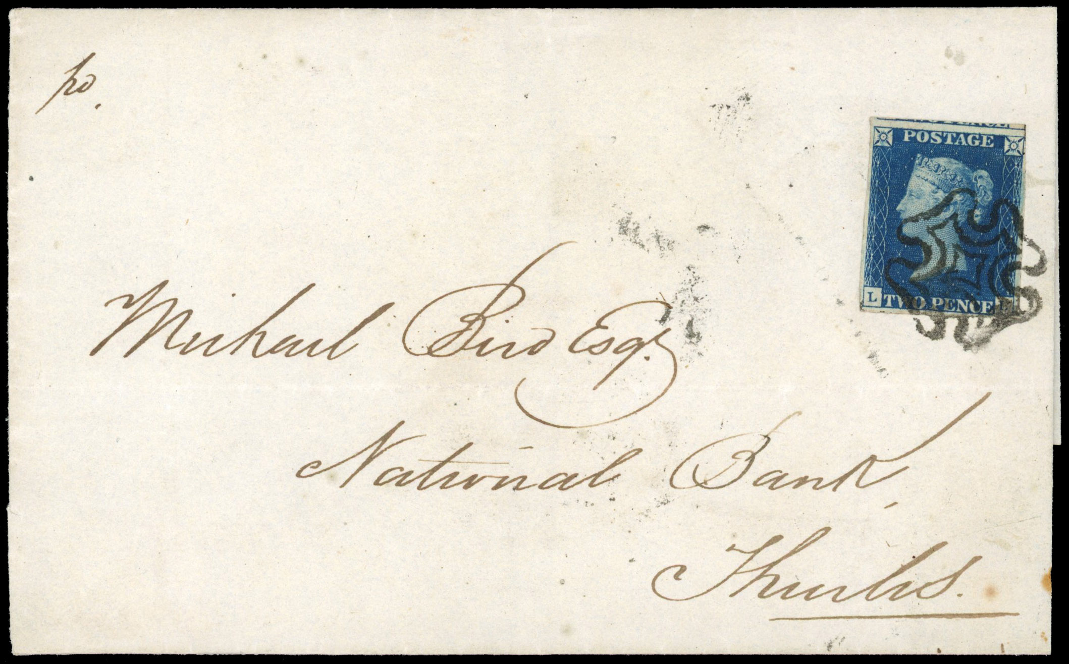 GB 1840 2d deep blue Plate 2 on entire, Irish usage