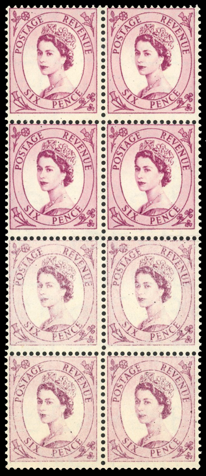 GB: 1952-52 6d reddish purple, mint unmounted block of eight (2x4), lower block of four showing dry print and thicker paper