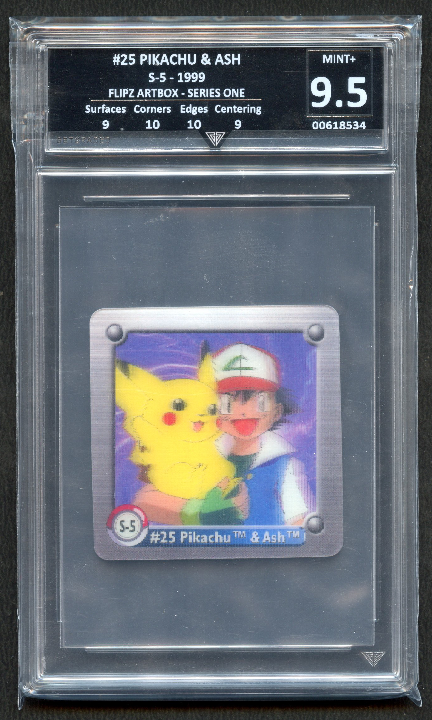 Get Graded 9.5 #25 Pikachu & Ash S-5 Flipz Artbox Series One.