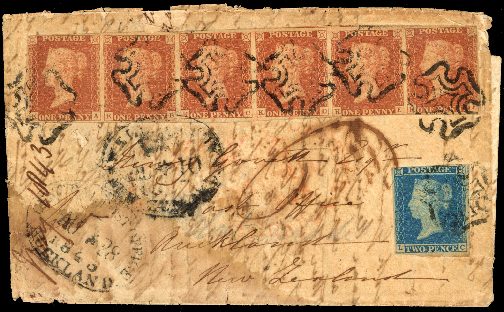 GB 1843 1d red and 2d blue rare mixed franking to New Zealand