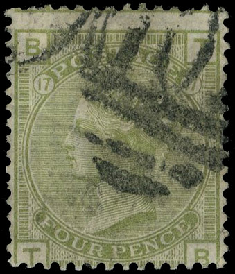 1877 4d Sage-green Pl.17 (Wmk. Inverted). Fine used example of this scarce ‘abnormal’ issue lettered TB, cancelled with …