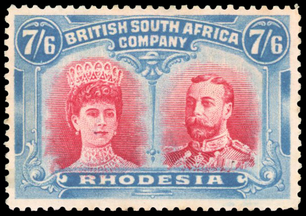 Rhodesia 1910-13 7s6d carmine and light blue perf 14