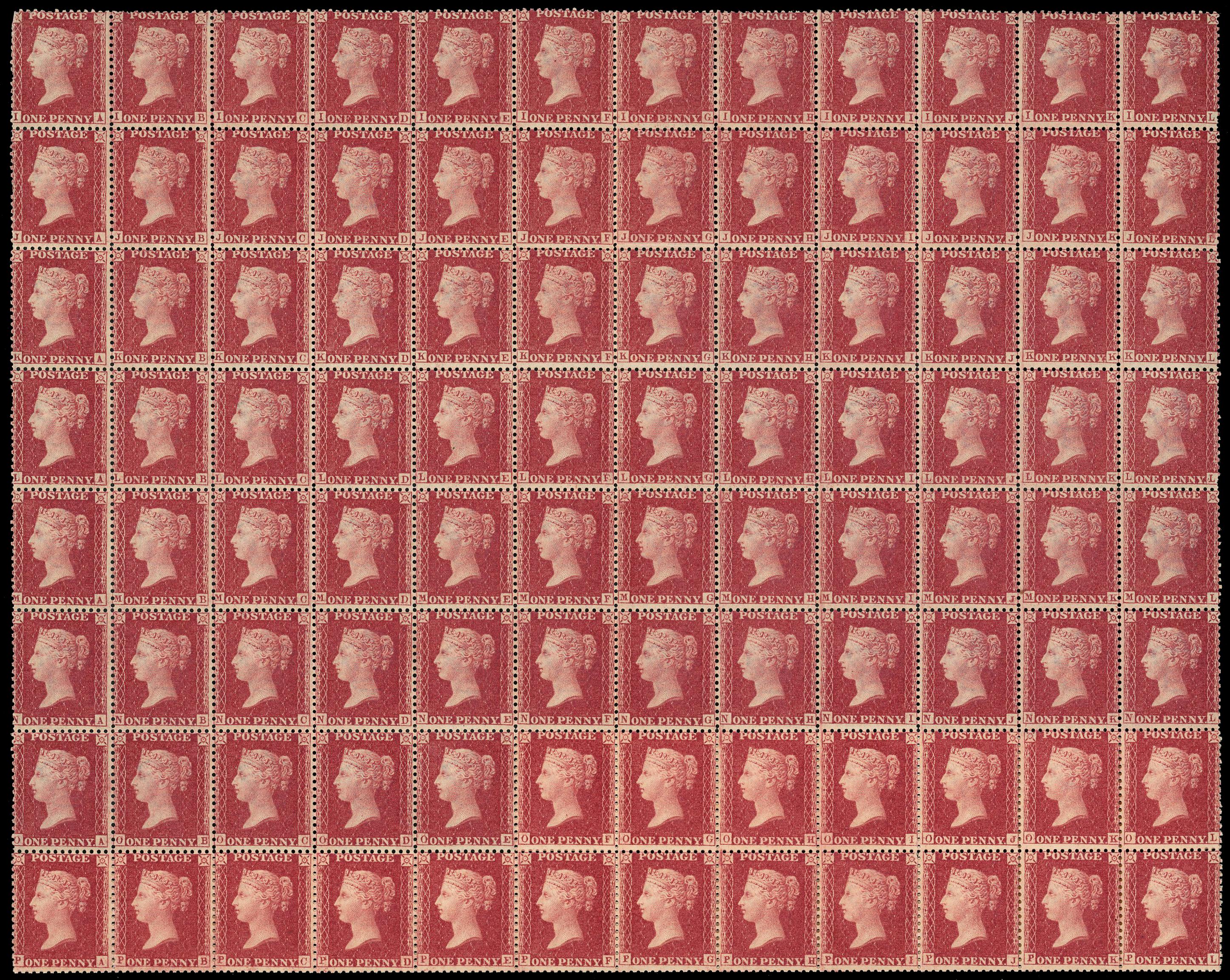 GB: 1857 1d rose-red block of 117 (13x9), IA to QL, plus r/h 6 stamps of the lower strip (RF-RL), 