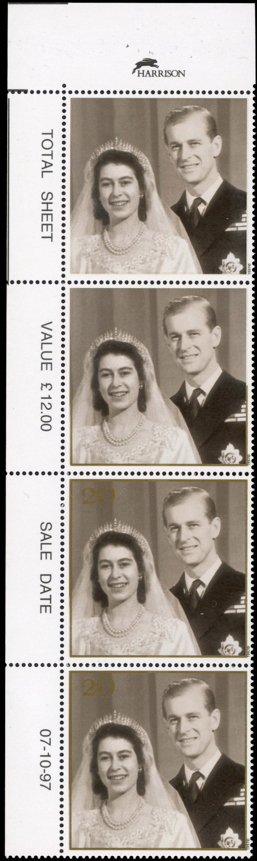 GB SG 2011b 1997 20p Golden Wedding gold omitted in strip of 4 mint 