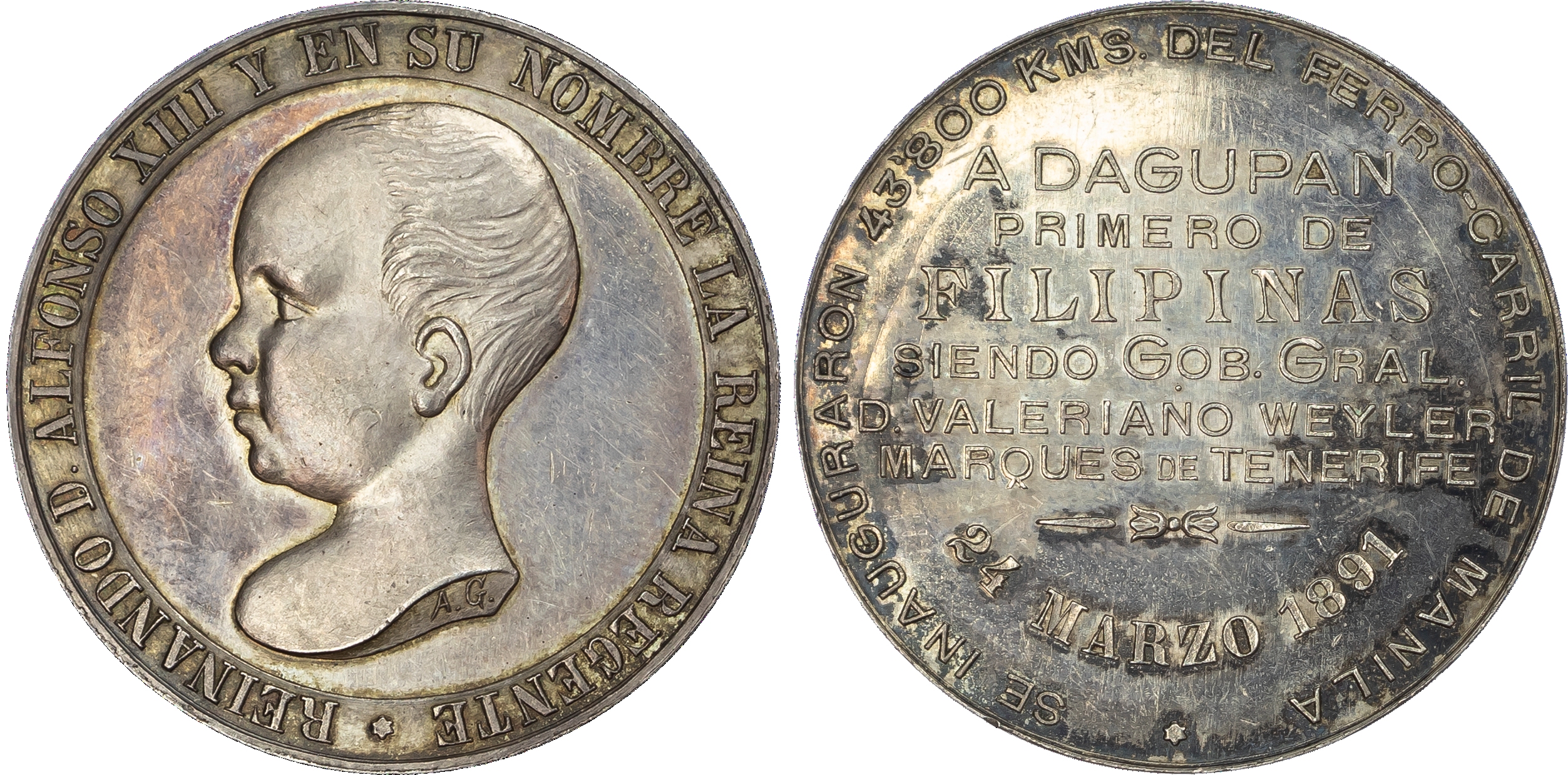 Philippines, Spanish Colony, Alfonso XIII, Inauguration of the Manila Railroad, silver medal