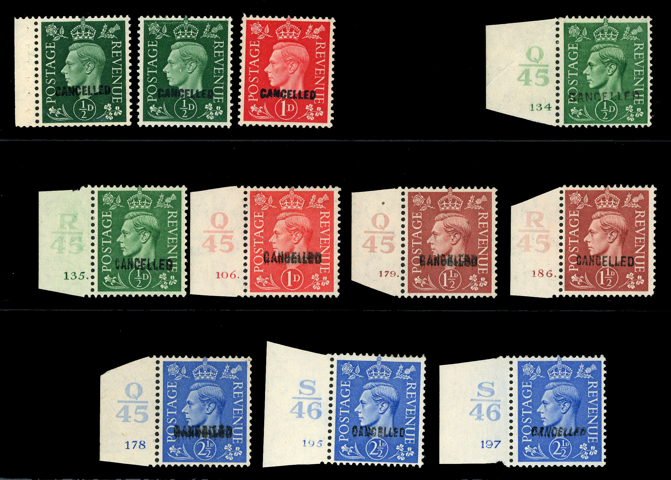 1937-42 George VI ‘CANCELLED’ (Dark & light colour issue).