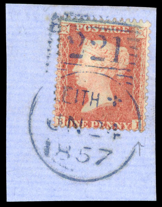 1857 1d Orange-brown (Die II) Pl. 35 lettered BI, used on piece tied by  Leith "221" type IV experimental duplex dated JN...