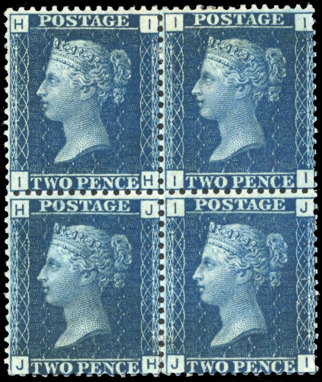 GB 1869 2d blue Plate 14 mint block of four