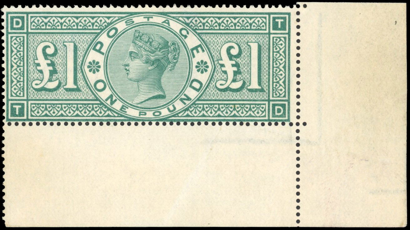 GB: 1891 £1 green (TD), mint unmounted og lower right corner example
