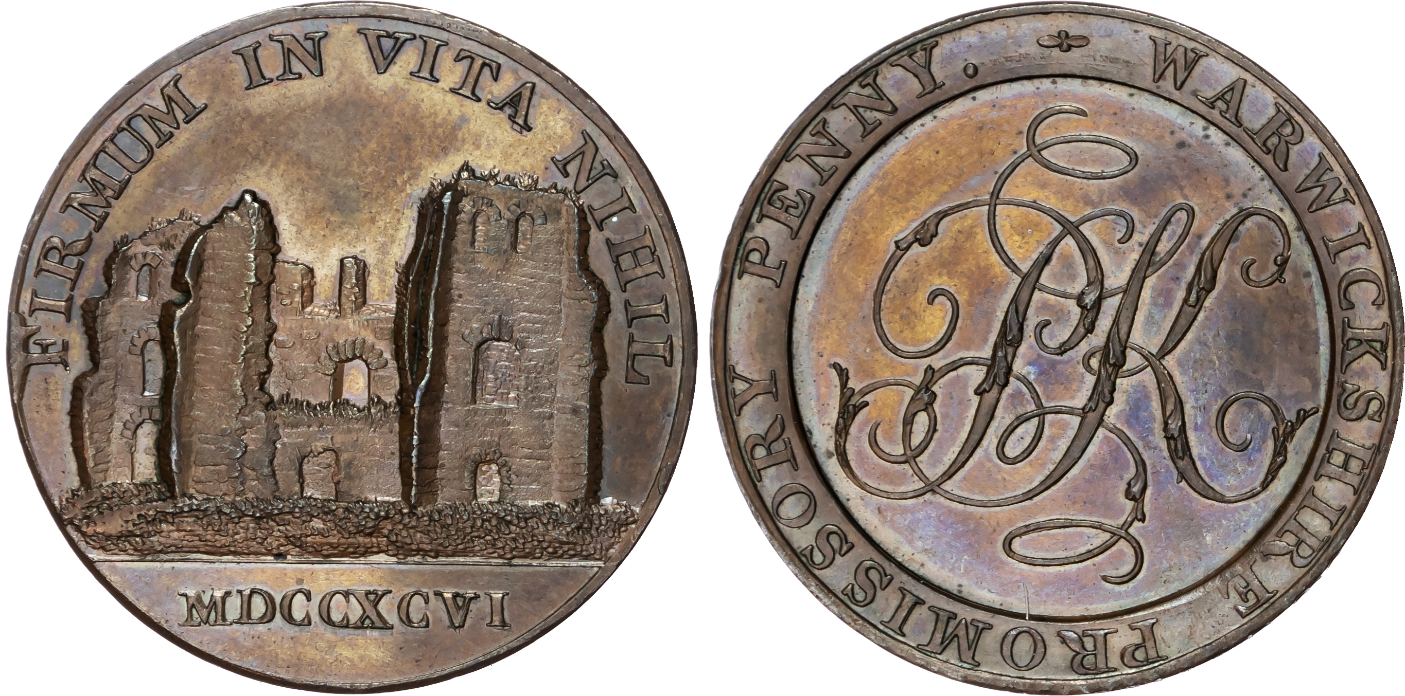 Warks. County , Kempson’s Penny, View of the ruins of Caesar's Tower, Kenilworth; FIRMUM IN VITA NIHIL around,…