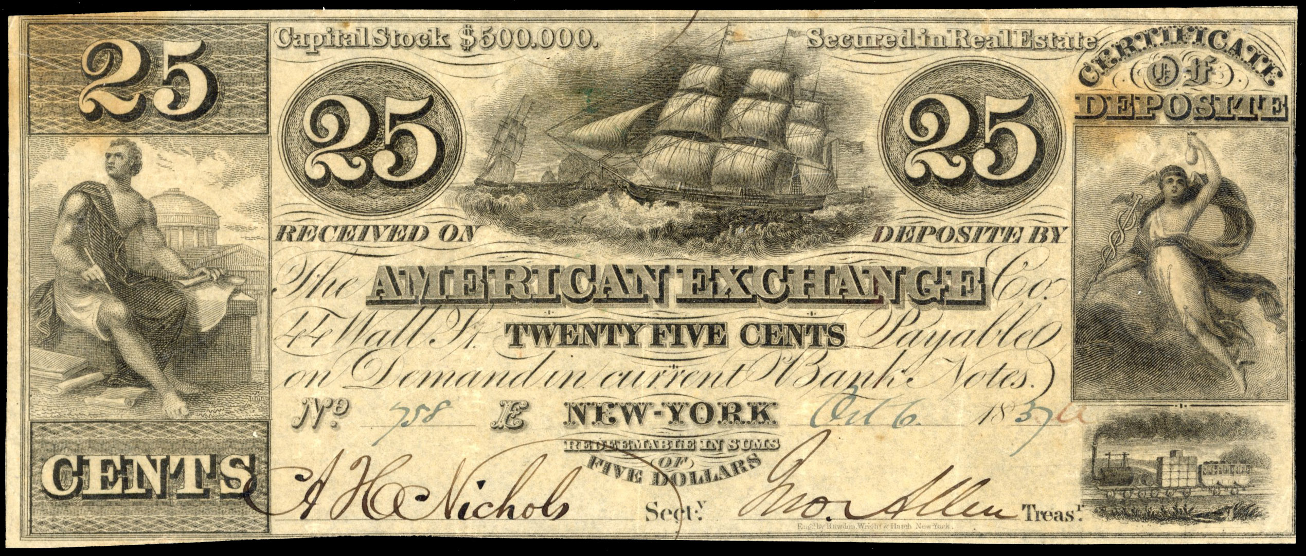 USA, NY. New York, American Exchange, Uniface Twenty-five Cents, 6 Oct. 1837. Good Very Fine, one crease, rare…