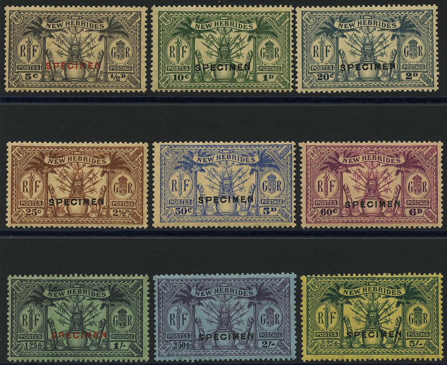 1925 ½d (5c) to 5s (6f.25) green/yellow, overprinted specimen (SG 43s/51s), gum a little toned, large part...