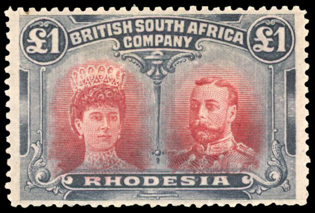Rhodesia 1910-13 £1 scarlet and (aniline indigo) blue-black perf 14