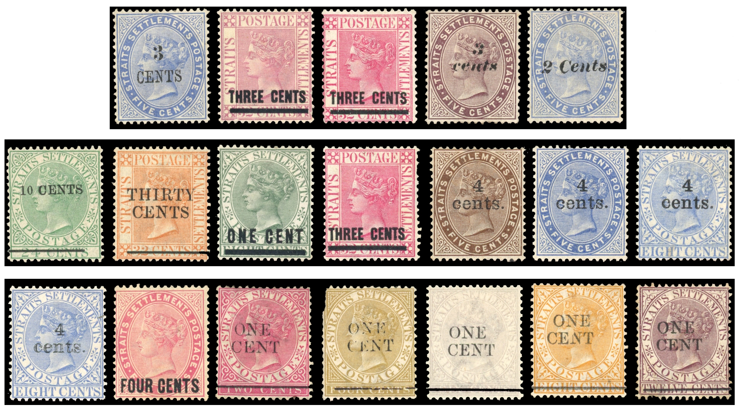 Straits Settlements SG 82/109 btwn 1885-1899 surcharge group