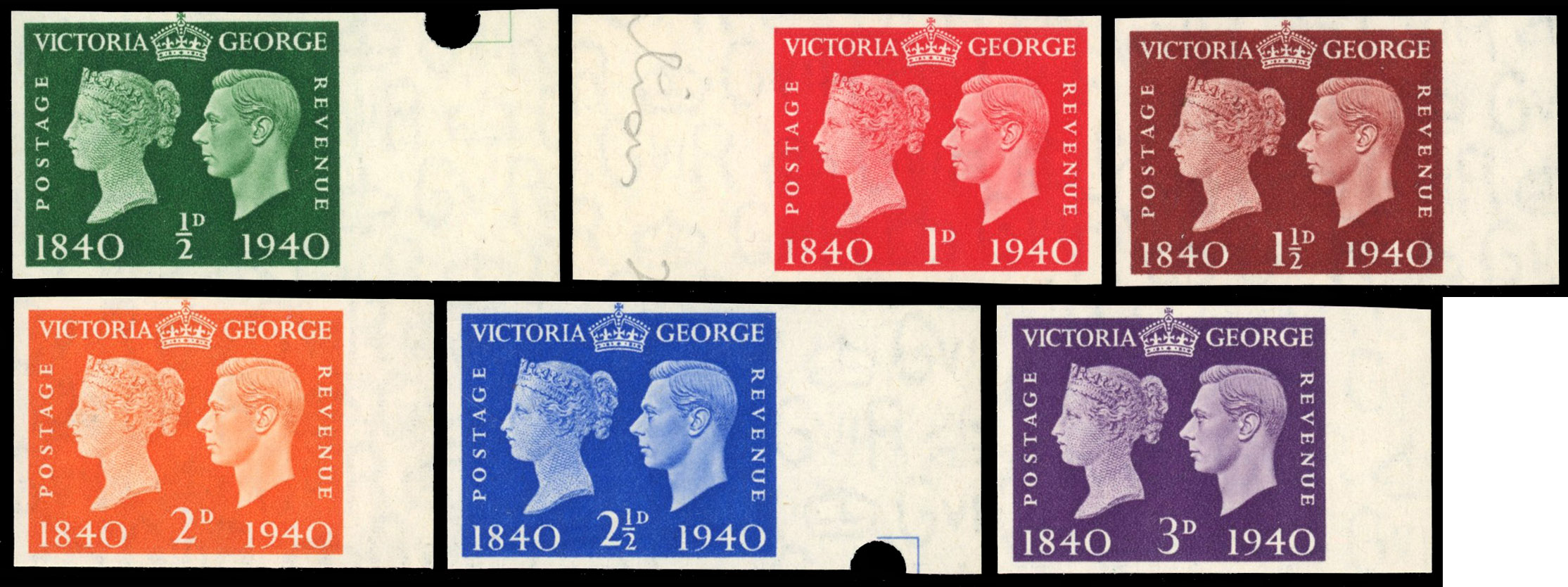 Great Britain 1940 ½d-3d Centenary of the first adhesive postage stamp, Set of Six, BPMA Imprimatur, SG 479/84