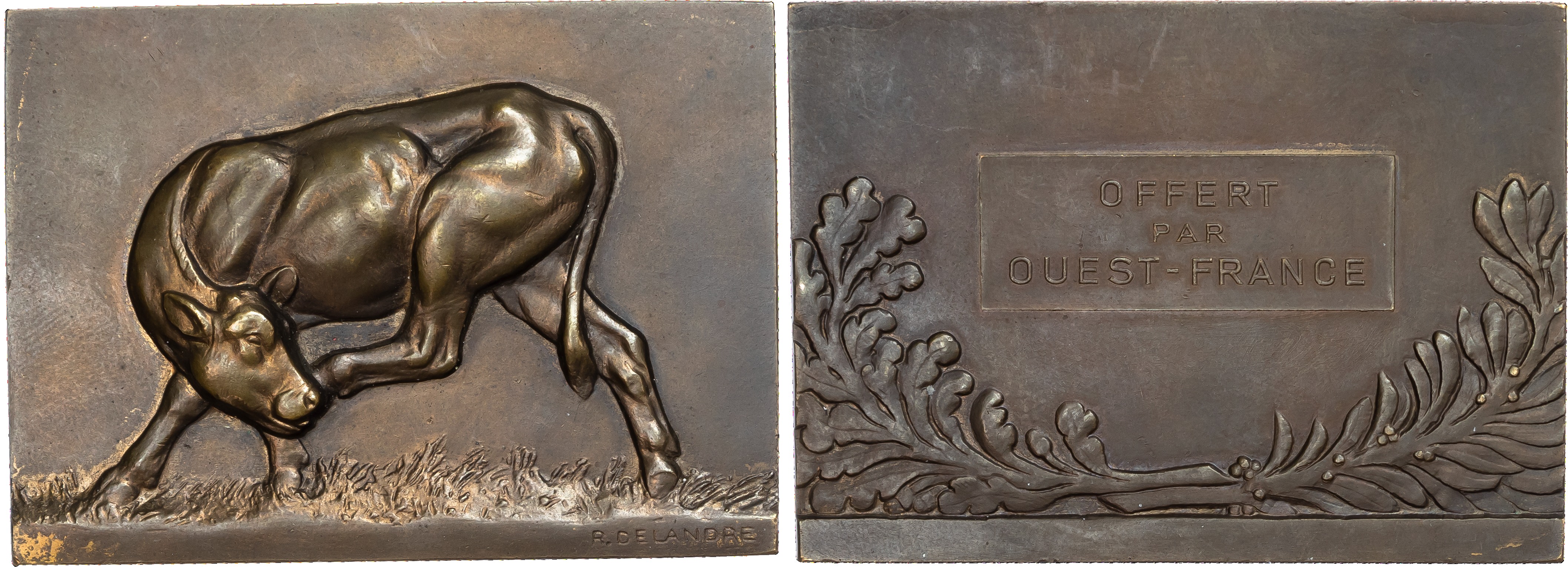 France, Calf, bronze (agricultural prize?) plaquette (61x44mm/105.11gm) c. 1915‑20 by R. Delandre.