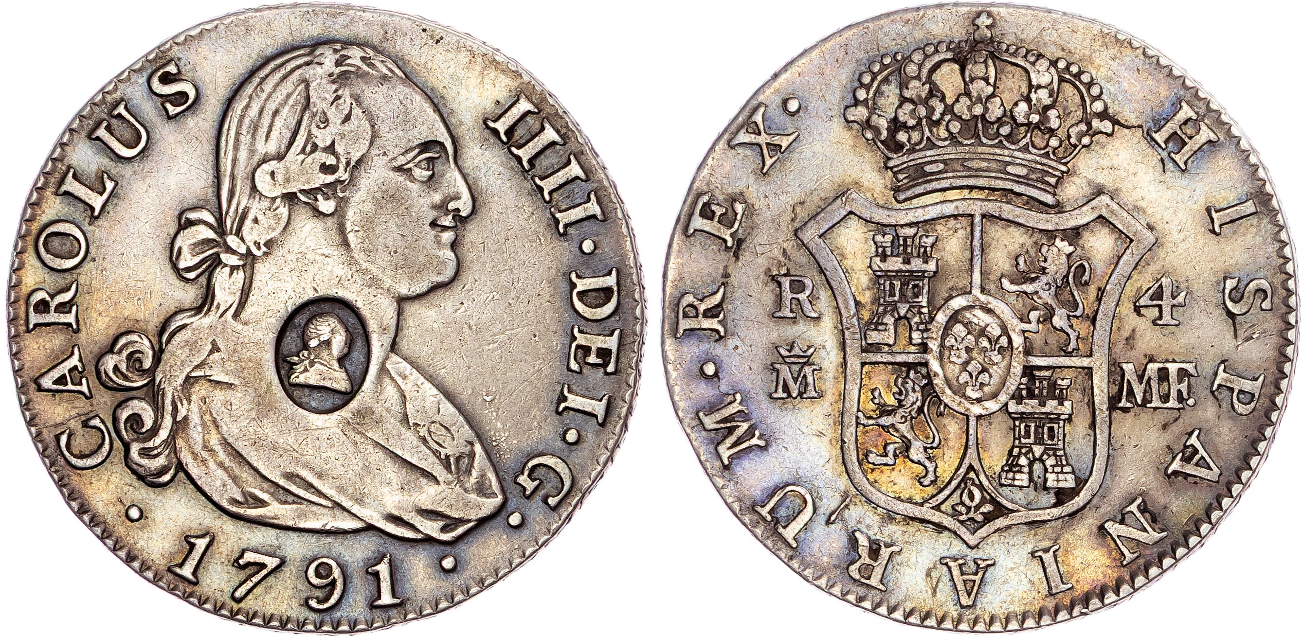 George III (1760-1820), Emergency Issues (1797-99), Countermarked AR Half-Dollar (4 Reales) of Charles IV, 1791-MF.
