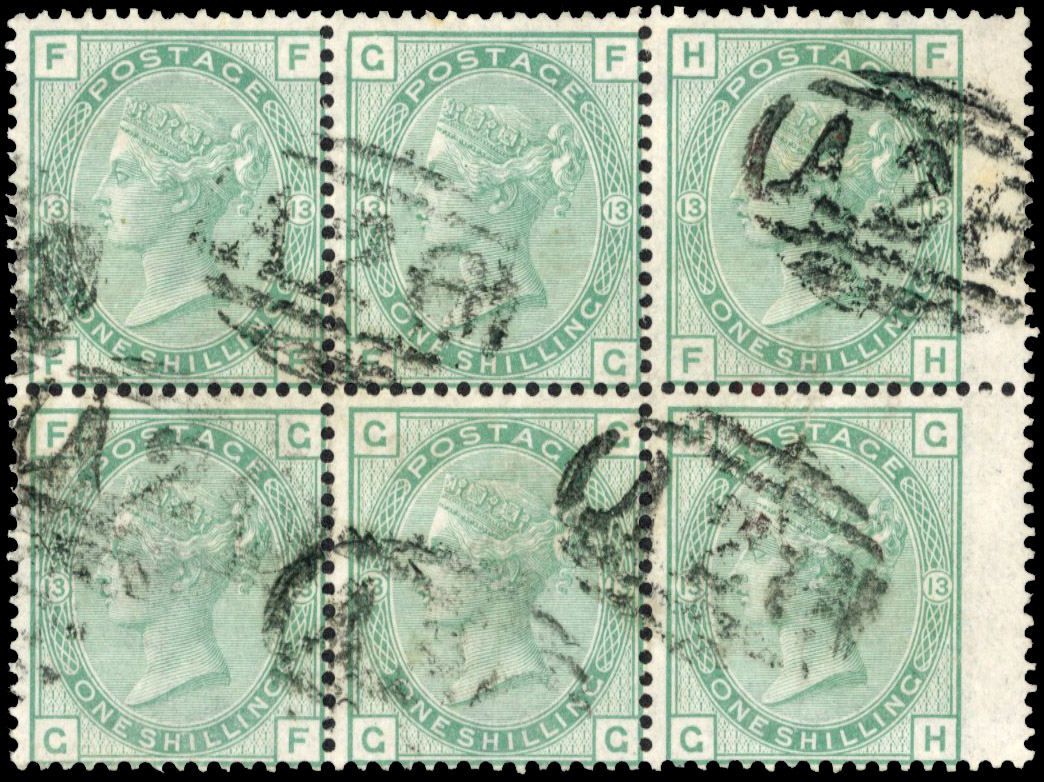 GIBRALTAR: 1876 1s green, plate 13 used block of 6 (3x2) cancelled by the ‘A26’ obliterator of Gibraltar. multiple. Z64