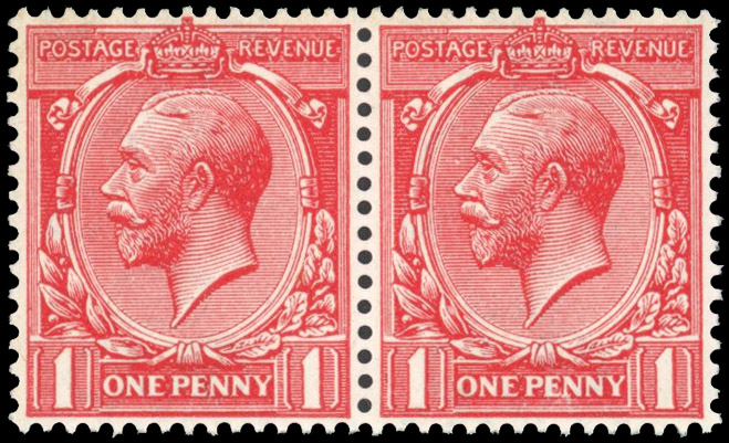 GB 1912-24 Royal Cypher 1d carmine horizontal pair, mint unmounted o.g. Lovely fresh colour. SG Spec N16(10a)