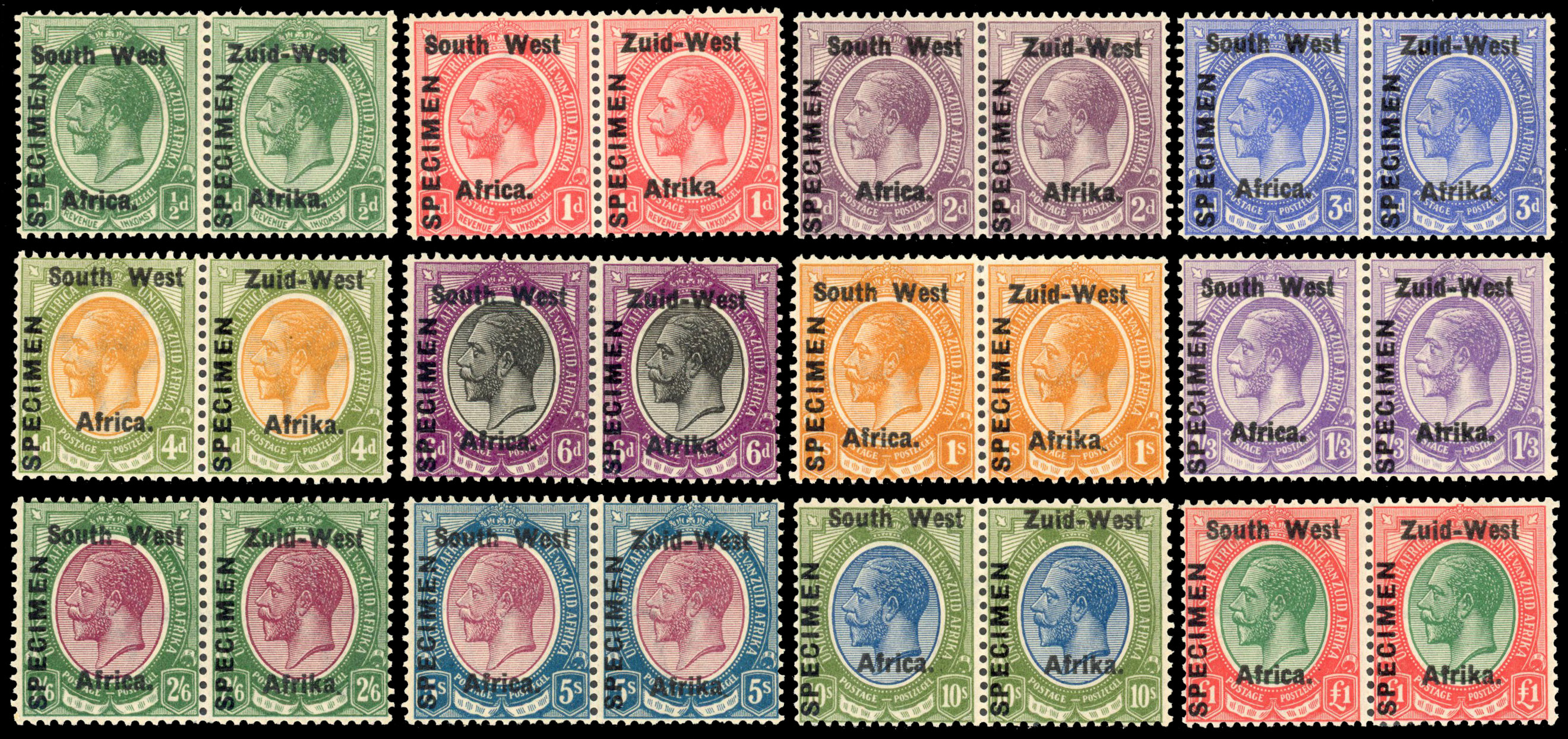 South West Africa 1923 set of 12 pairs opt specimen