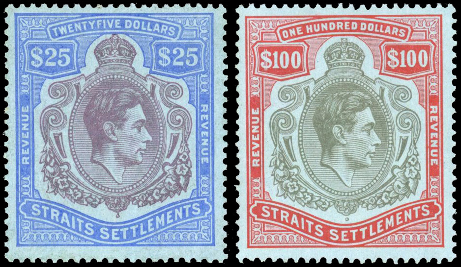 Malaya Straits Settlements KGVI $25 and $100 keyplate revenues