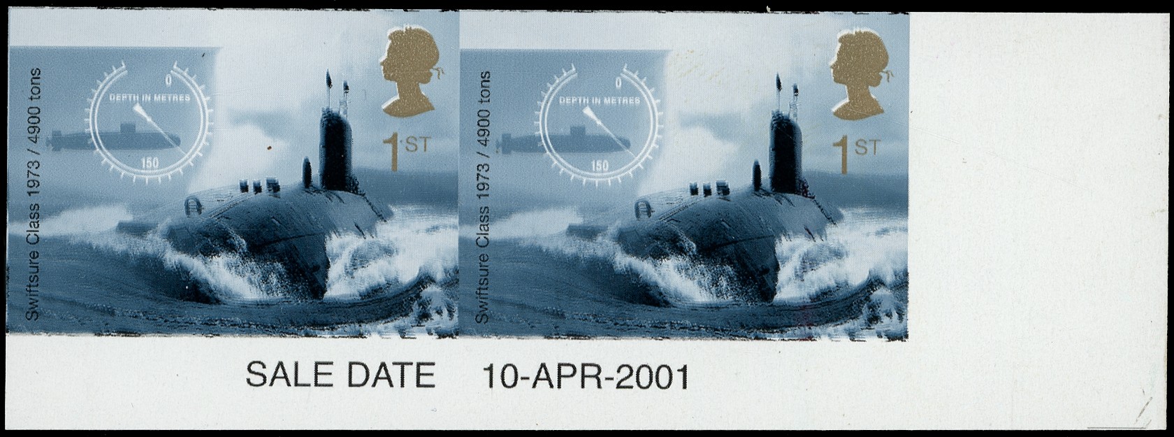 GB: 2001 1st Centenary of Royal navy Submarine Service, l/r corner marginal, horizontal imperforate pair with “SALE DATE...