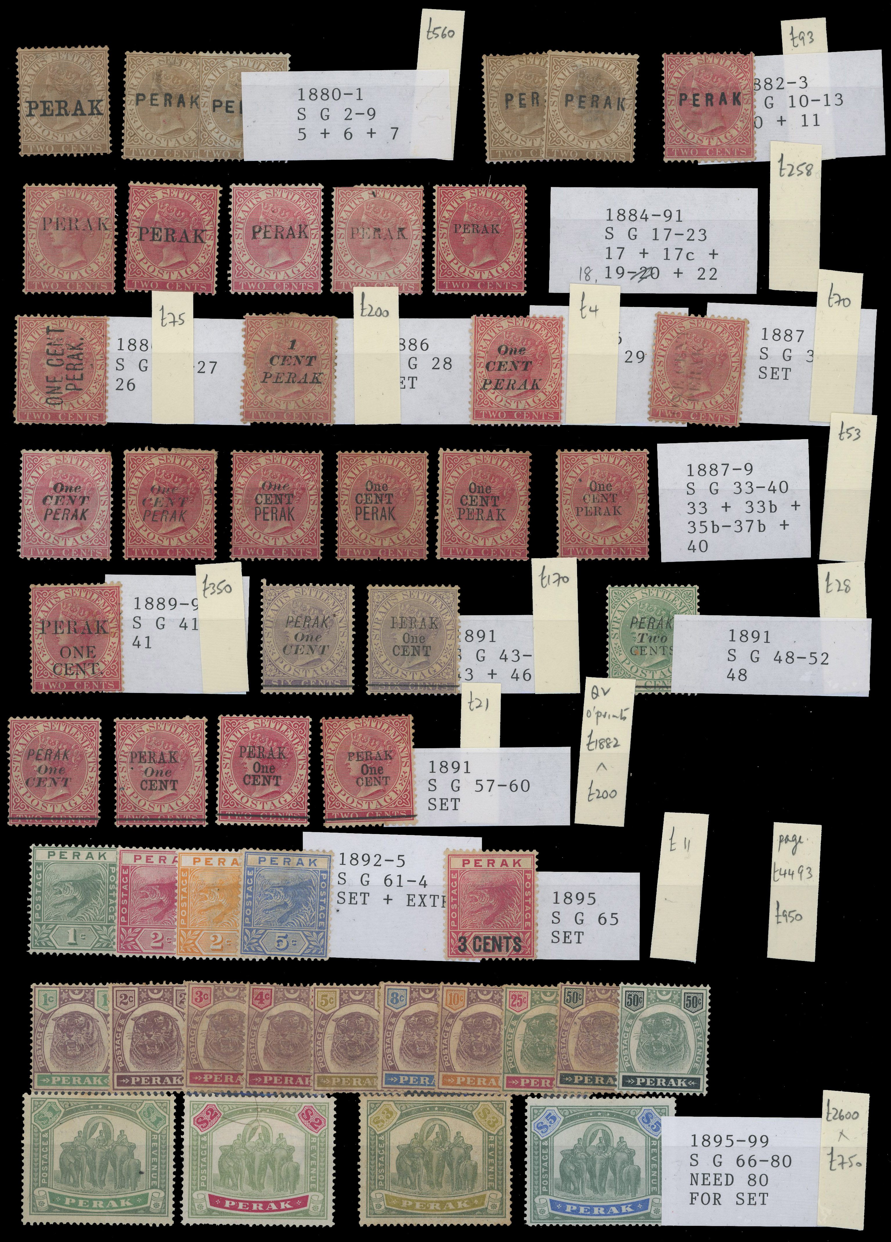 MALAYA - PERAK: 1880 to 1935 including 1881 2c type 5, 6 and 7, 1884 2c (5), 1886 1c on 2c (3), 1887-89 1c on 2c (6),