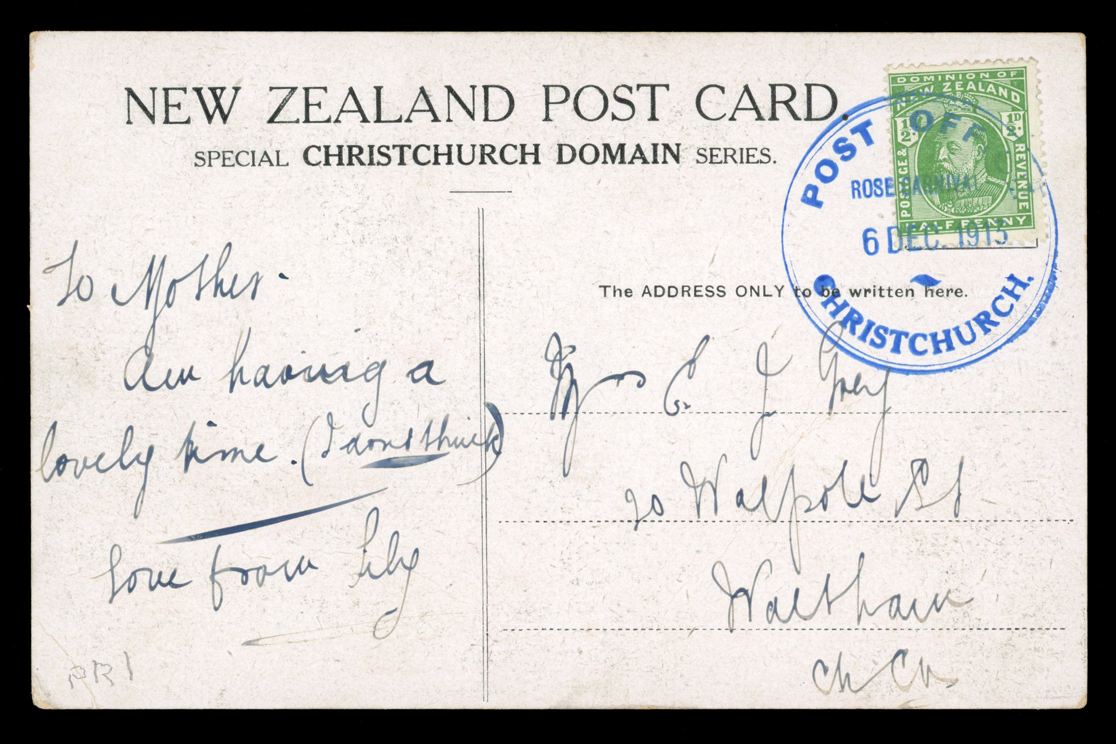 New Zealand 1913 picture postcard bearing ½d tied by ‘POST OFFICE/ROSE CARNIVAL/6 DEC 1913/ CHRISTCHURCH’ handstamp