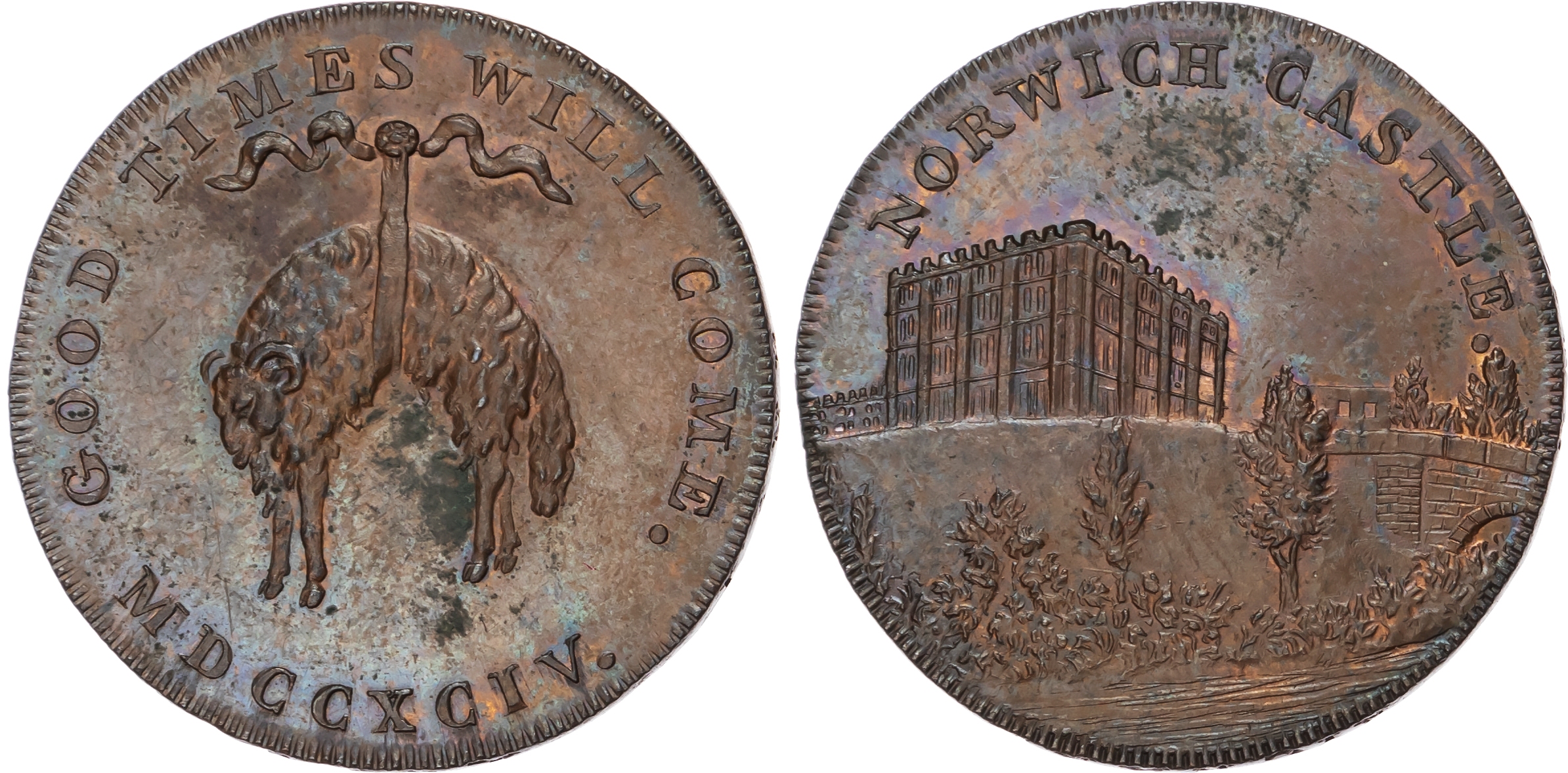 Norf . Norwich , Richard Bacon (printer & stationer) Halfpenny 1794, View of Norwich castle, rev. Hanging flee…