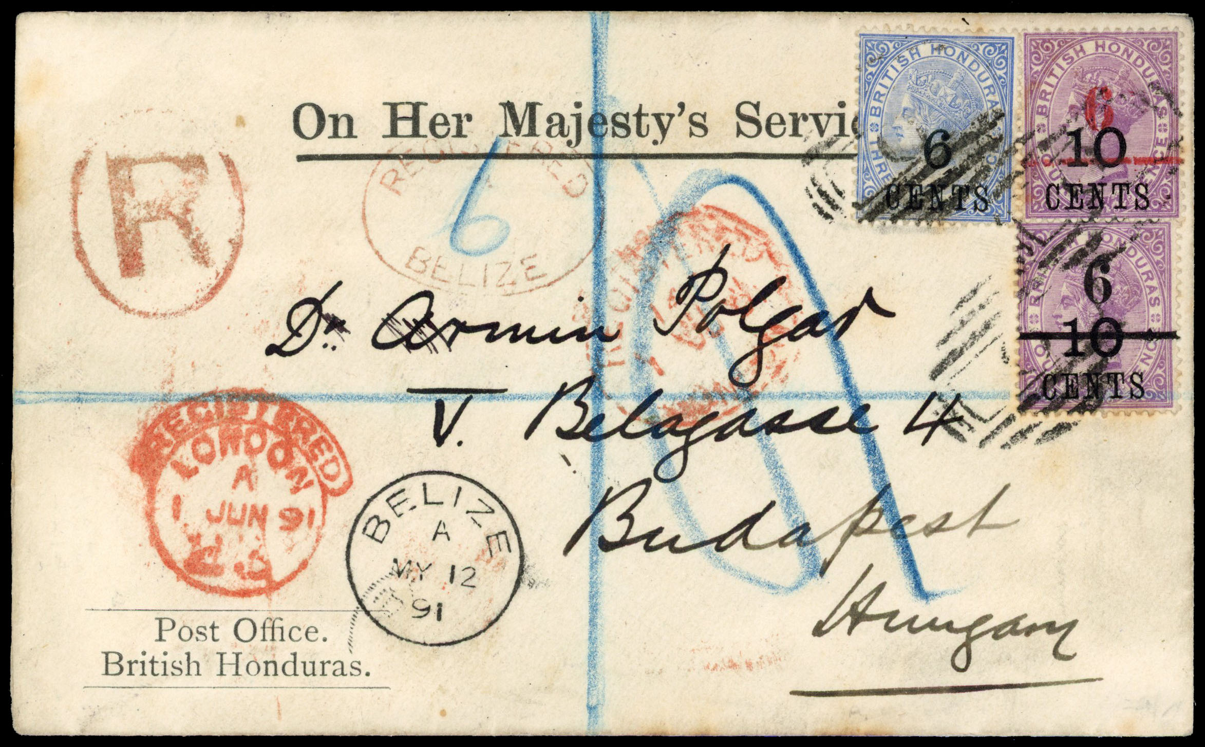 British Honduras SG 39,43 & 44 on OHMS cover to Budapest