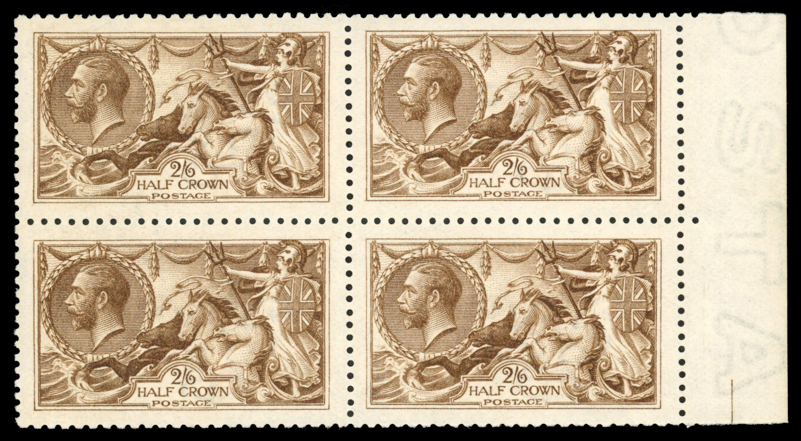 GB 1915 DLR 2s6d yellow-brown, right marginal block of four with watermark inverted, SG 406Wi