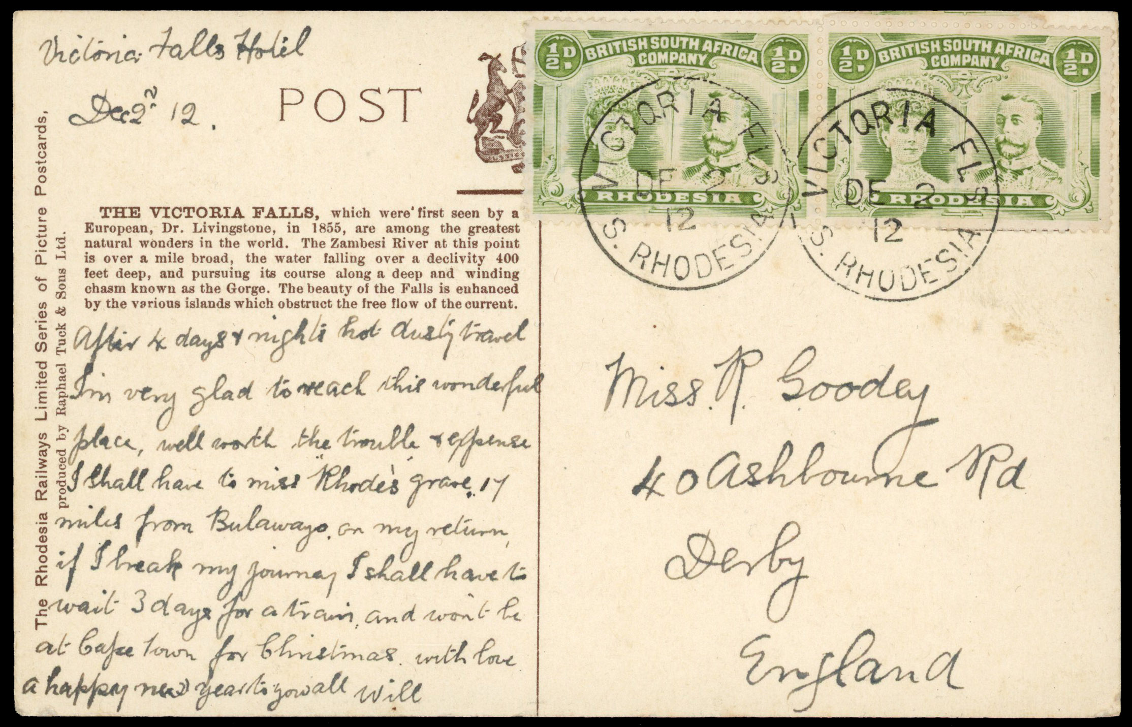 Rhodesia 1912 ppc to England with ½d pair