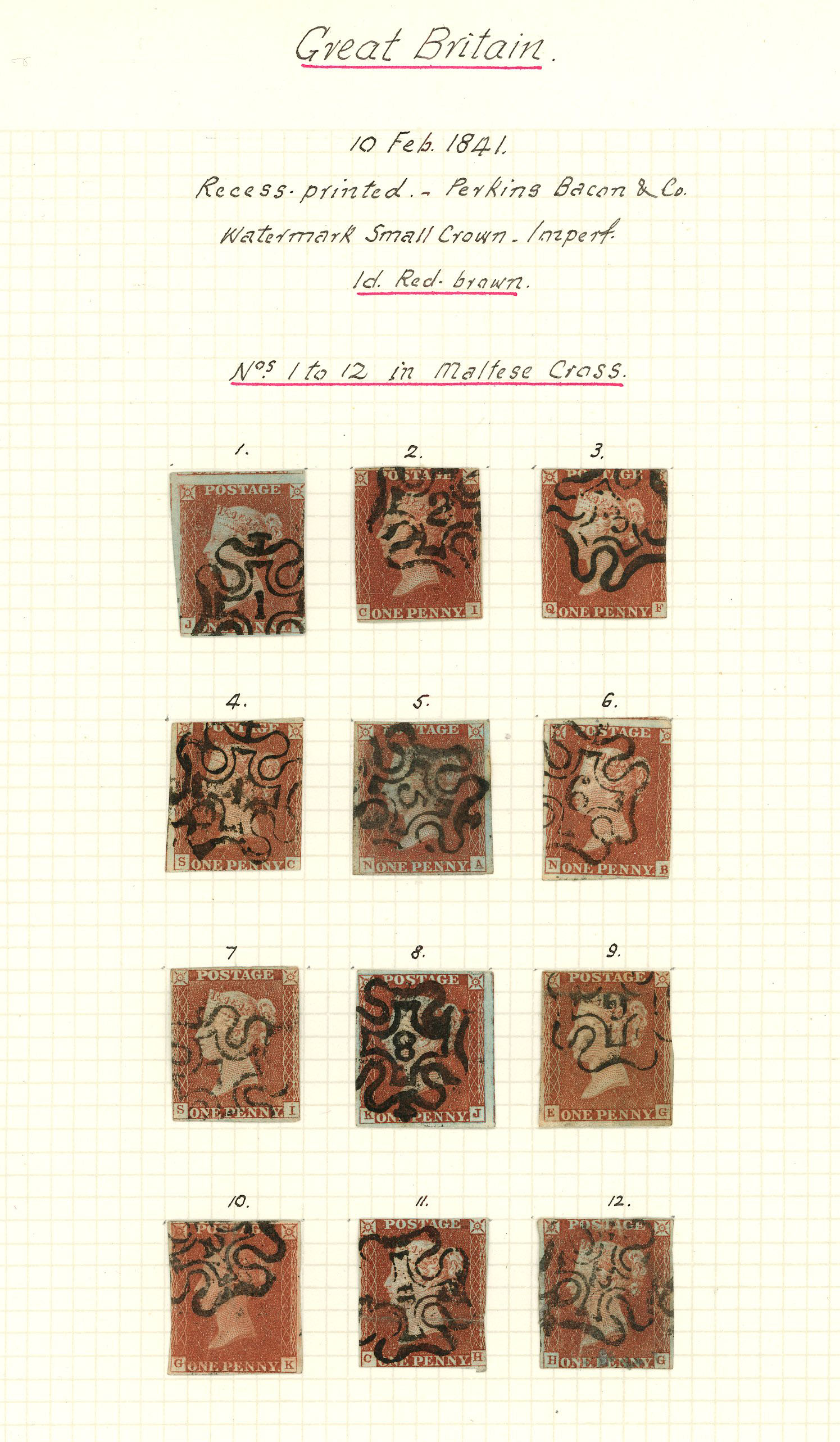 1841 1d red brown, mostly touching to good margins, all bearing numbers in Maltese Cross No. 1 to...
