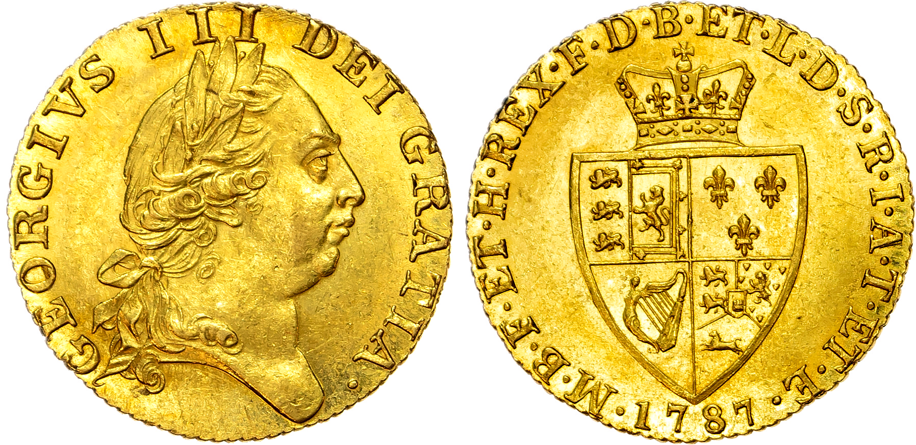 George III (1760-1820) 'Spade' Guinea, 1787. Fifth laureate head 