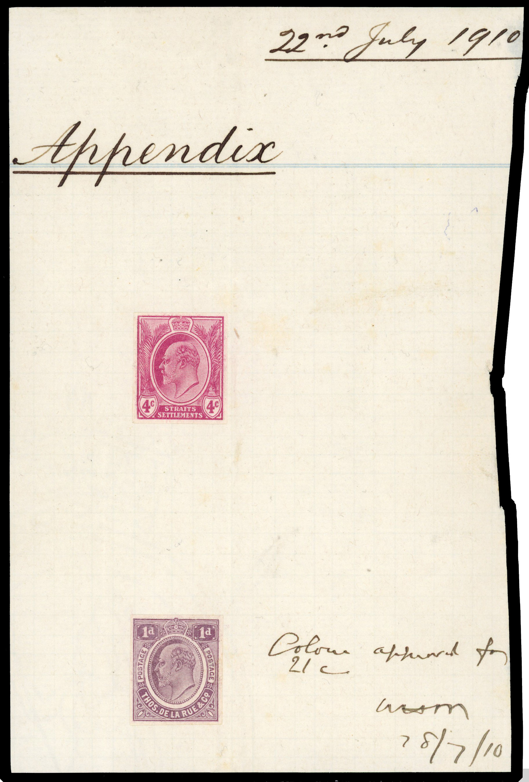 Straits Settlements 1910 appendix sheet with 4c colour trial