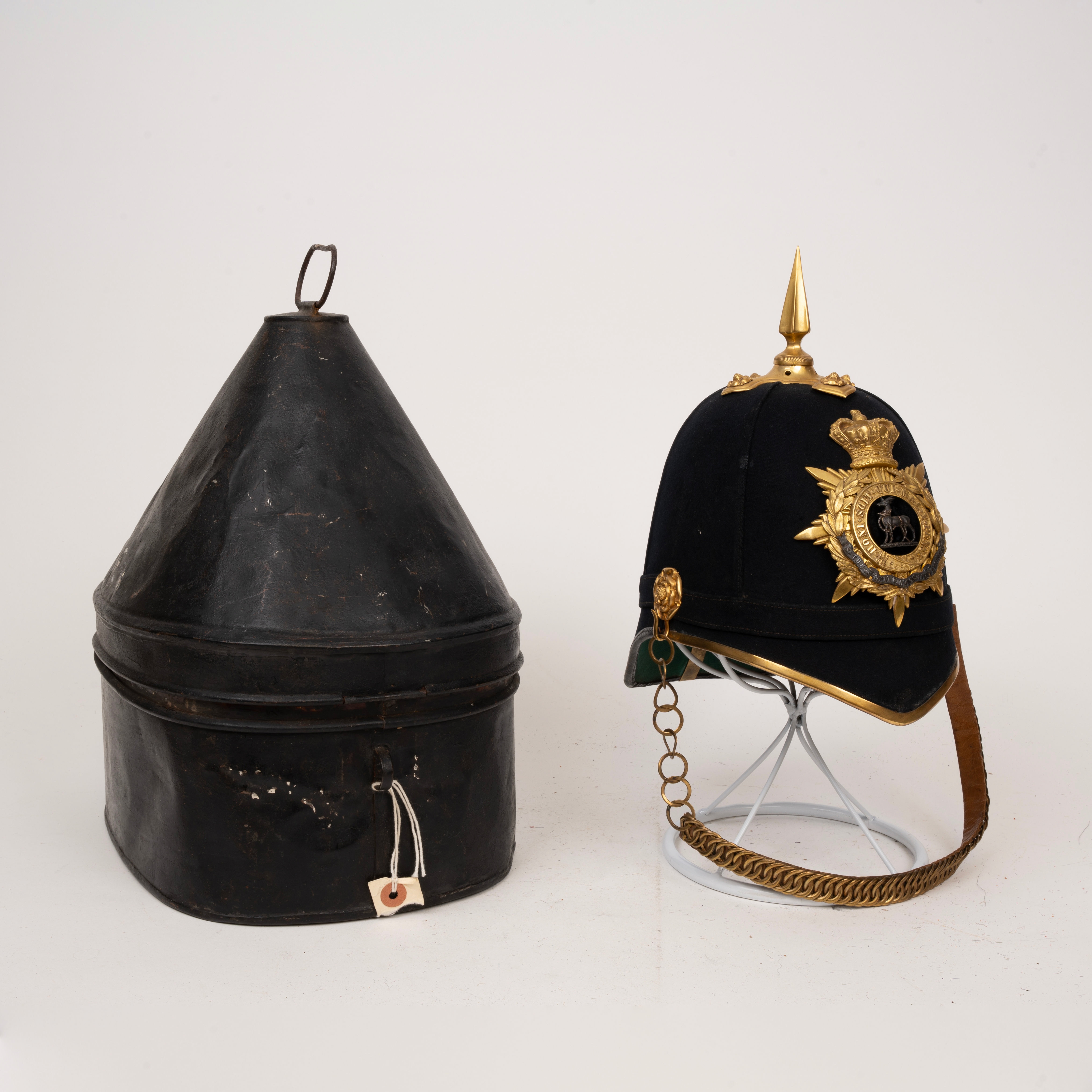 Royal Warwickshire Regiment Officers Blue Cloth Helmet in carrying tin
