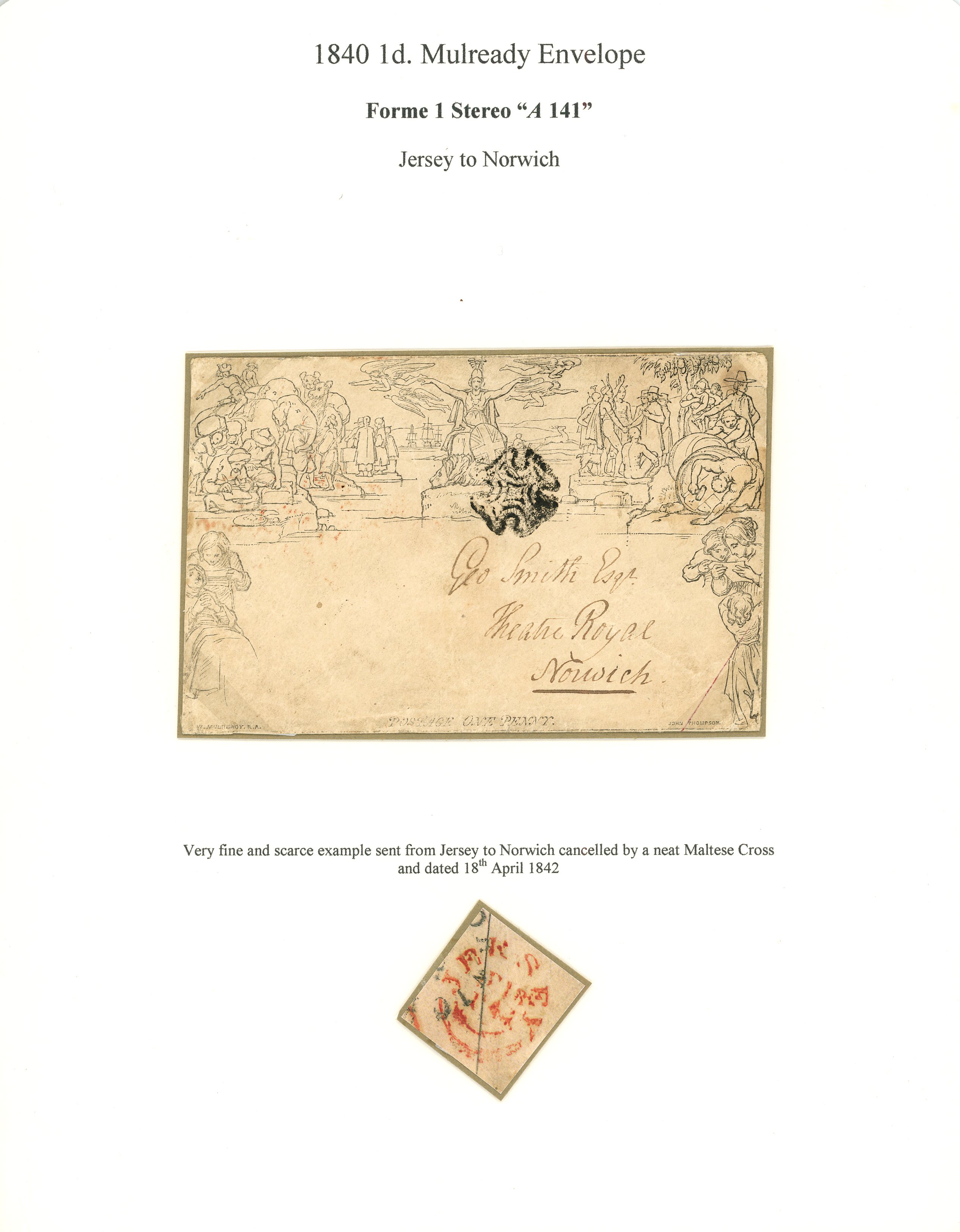 1840 1d black Mulready envelope, stereo A141, forme 1, Jersey to Norwich