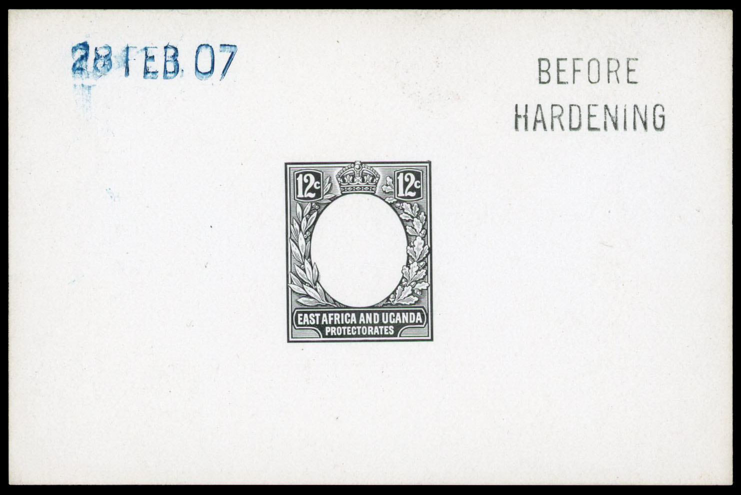 1907 12c De La Rue die proof in black on glazed card dated “28 FEB 07" in blue and endorsed “BEFORE HARDENING” in blac