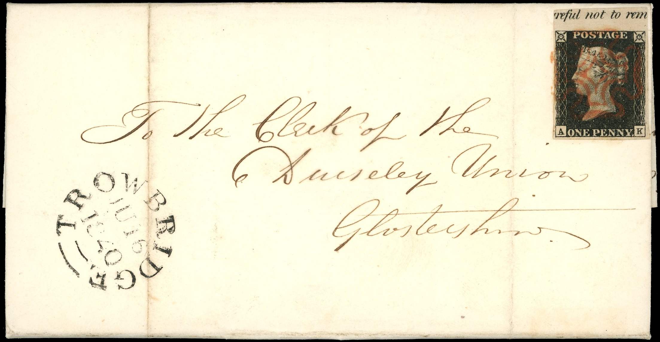 1840 1d black marginal with inscription tied to entire letter