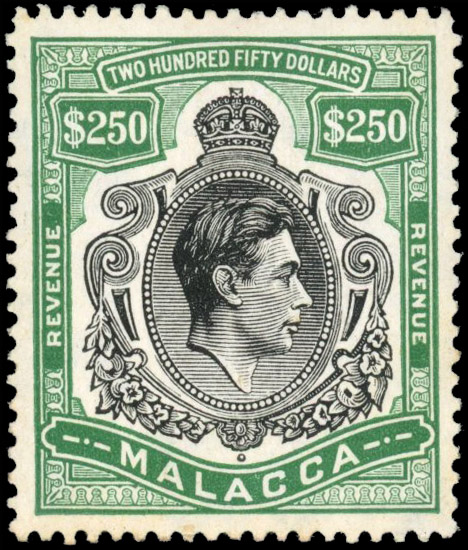 Malacca Revenue 1950 KGVI $250 black and green mint