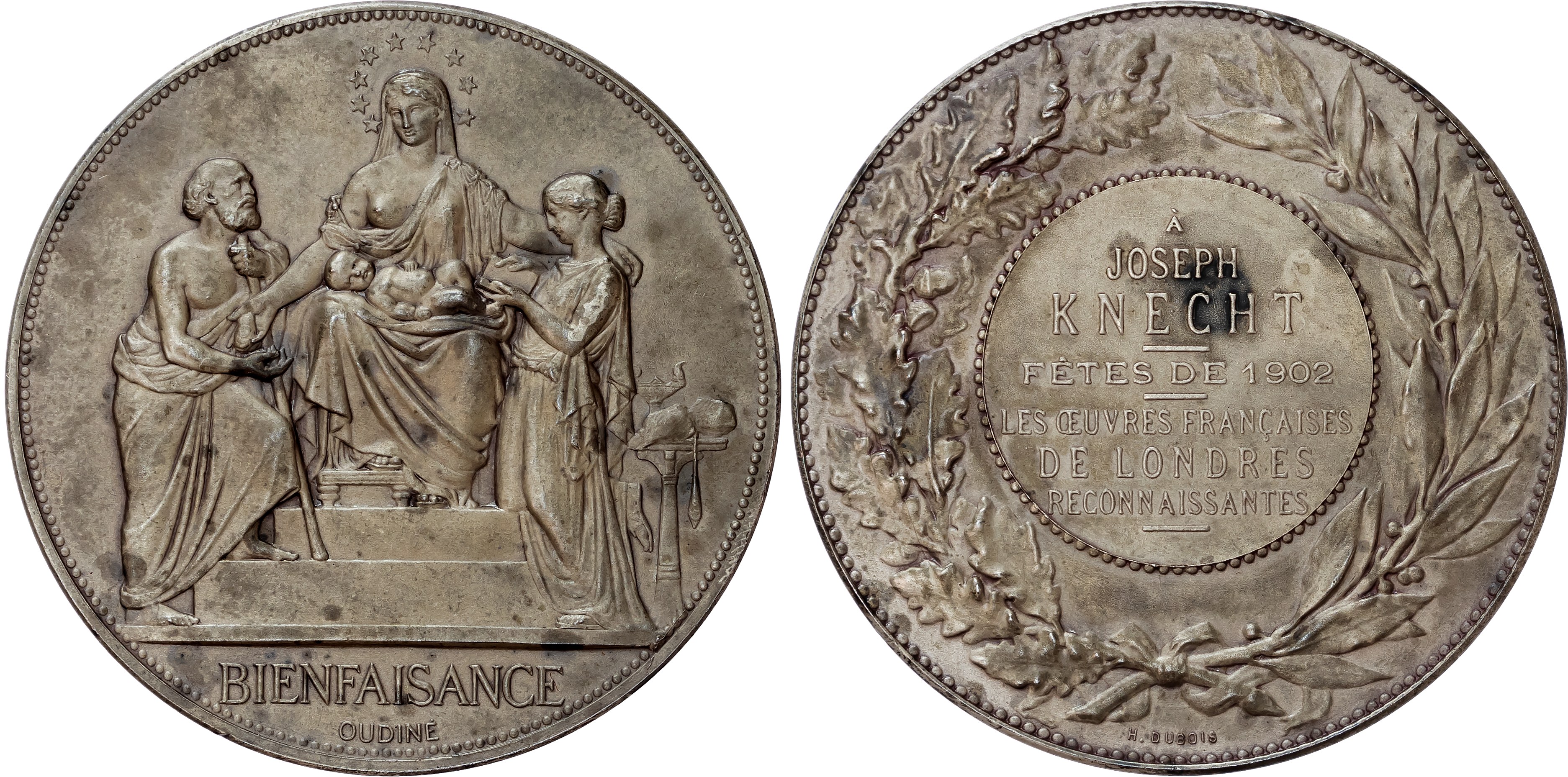 France, Bureau de Bienfaisance, silver medal (51mm/66.57gm), 1902, by E. A. Oudiné and H. Dubois named to Joseph Knecht