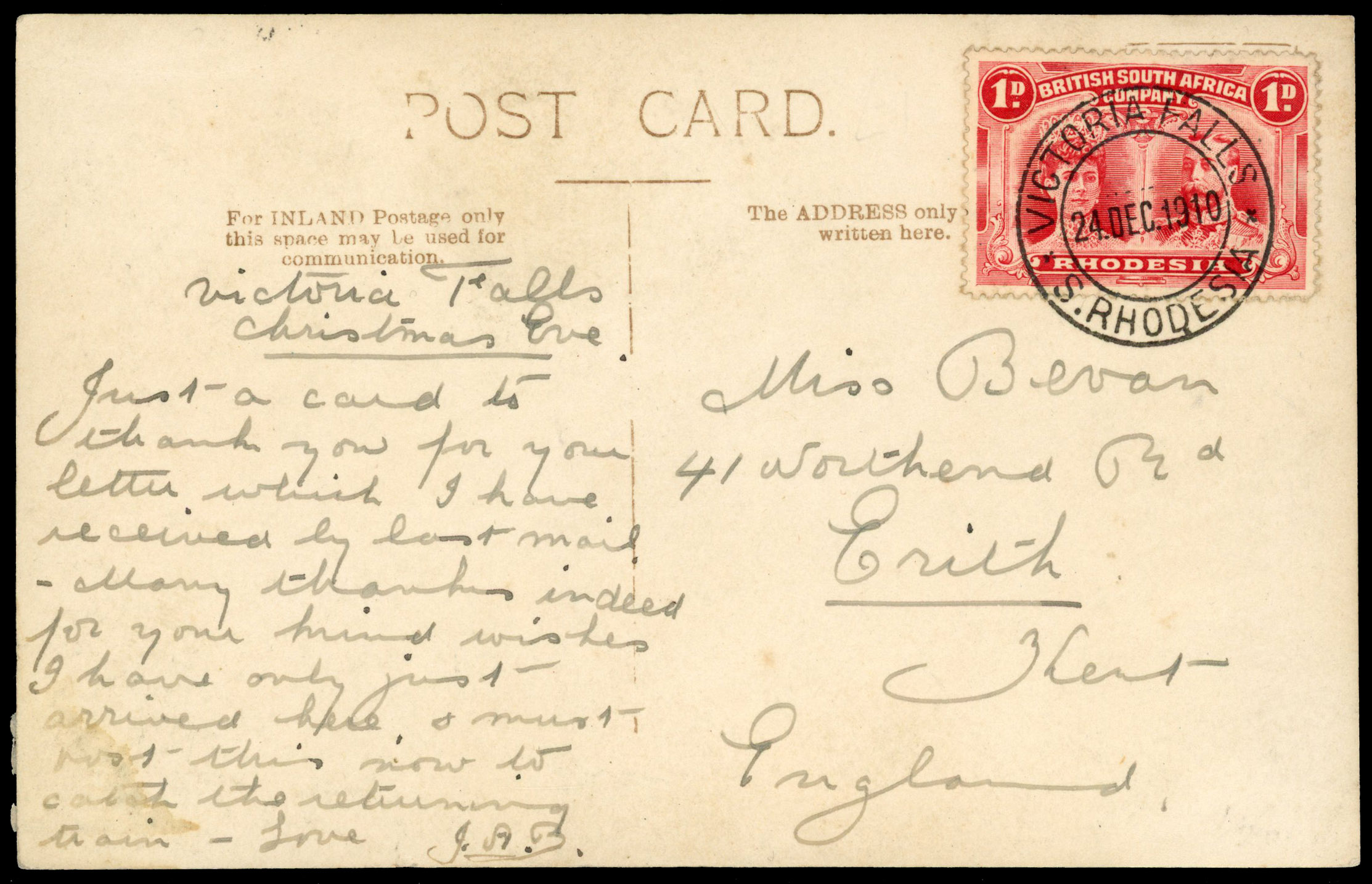 Rhodesia 1910 post card from Victoria Falls to England