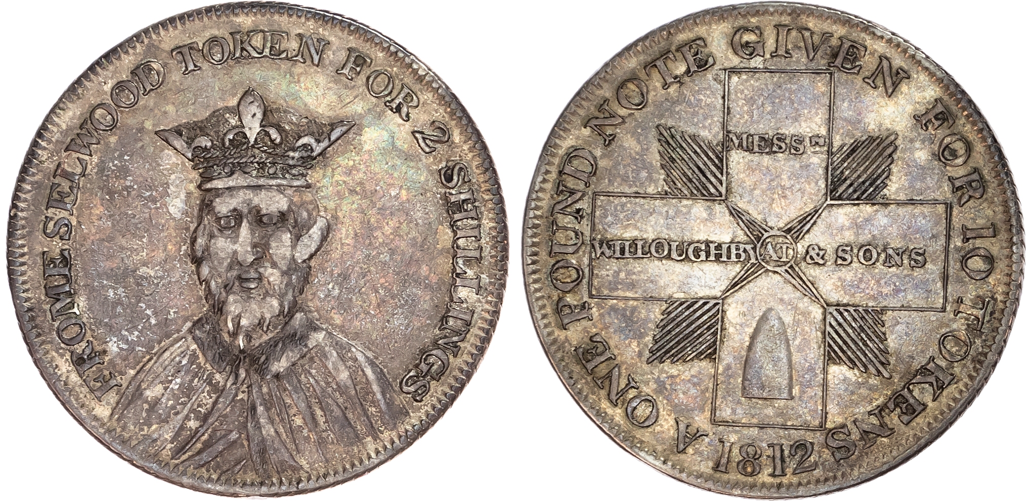 Somersetshire, Frome Selwood. Messrs. Willoughby & Sons, silver two shillings.